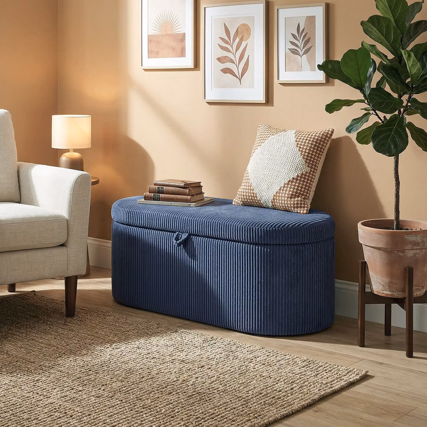 HOMCOM Corduroy Upholstered Storage Ottoman in Blue, W/D/H: 105 x 51 x 49 cm – 8