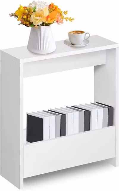 PAWNORA White Minimalist Living Room Storage Cabinet and End Table with Glass Details, W: 100 cm, D: 15 cm