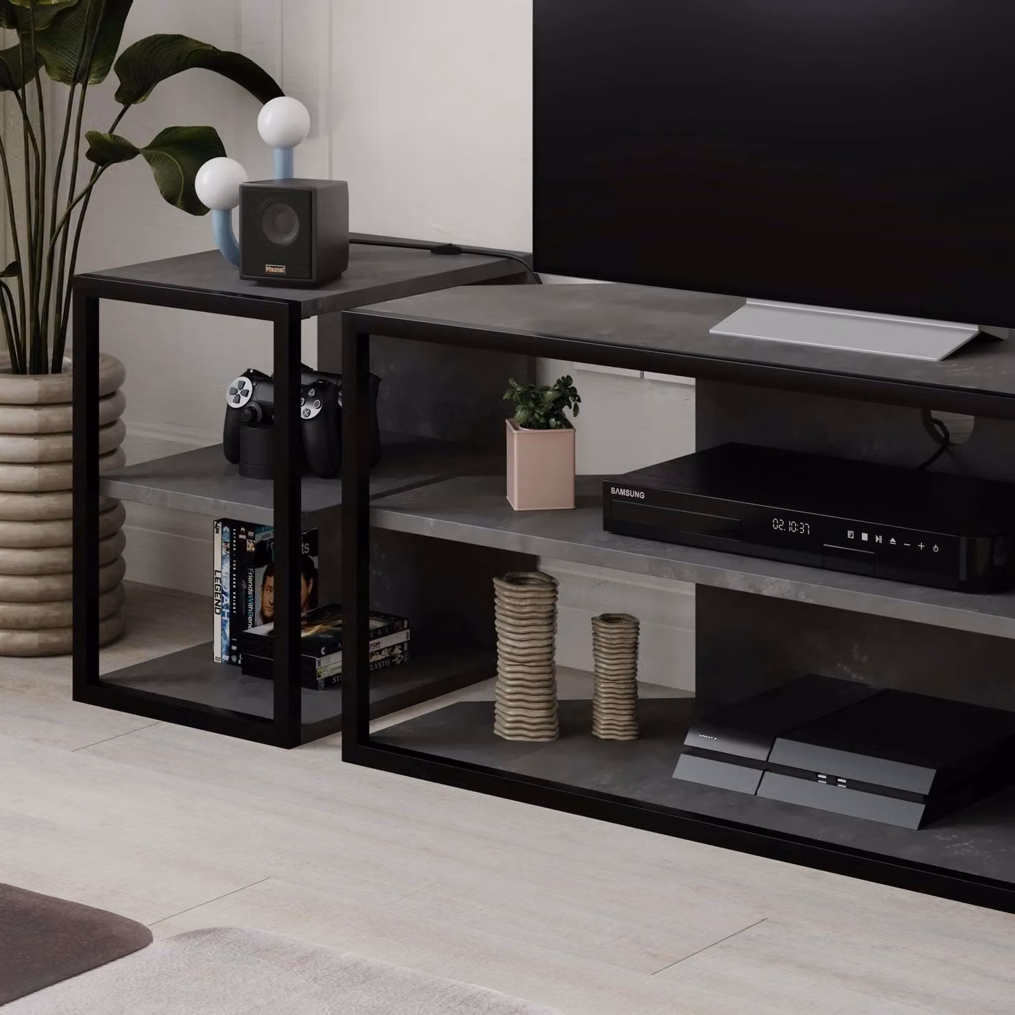 Decortie Echo Modern TV Unit and 2 Side Unit Set with Metal Frame in Mid Grey – 3
