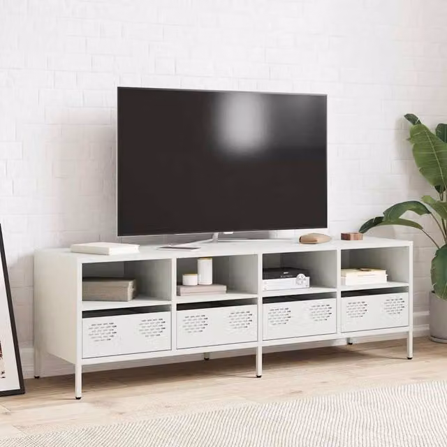 Berkfield Home White Industrial TV Cabinet in Matt Cold-rolled Steel, W: 135 cm, D: 39 cm, H: 43.5 cm – 1