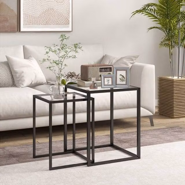 STILVORA Set of 2 Modern Square Nesting Side Tables with Glass Tops and Black Steel Frames – 1