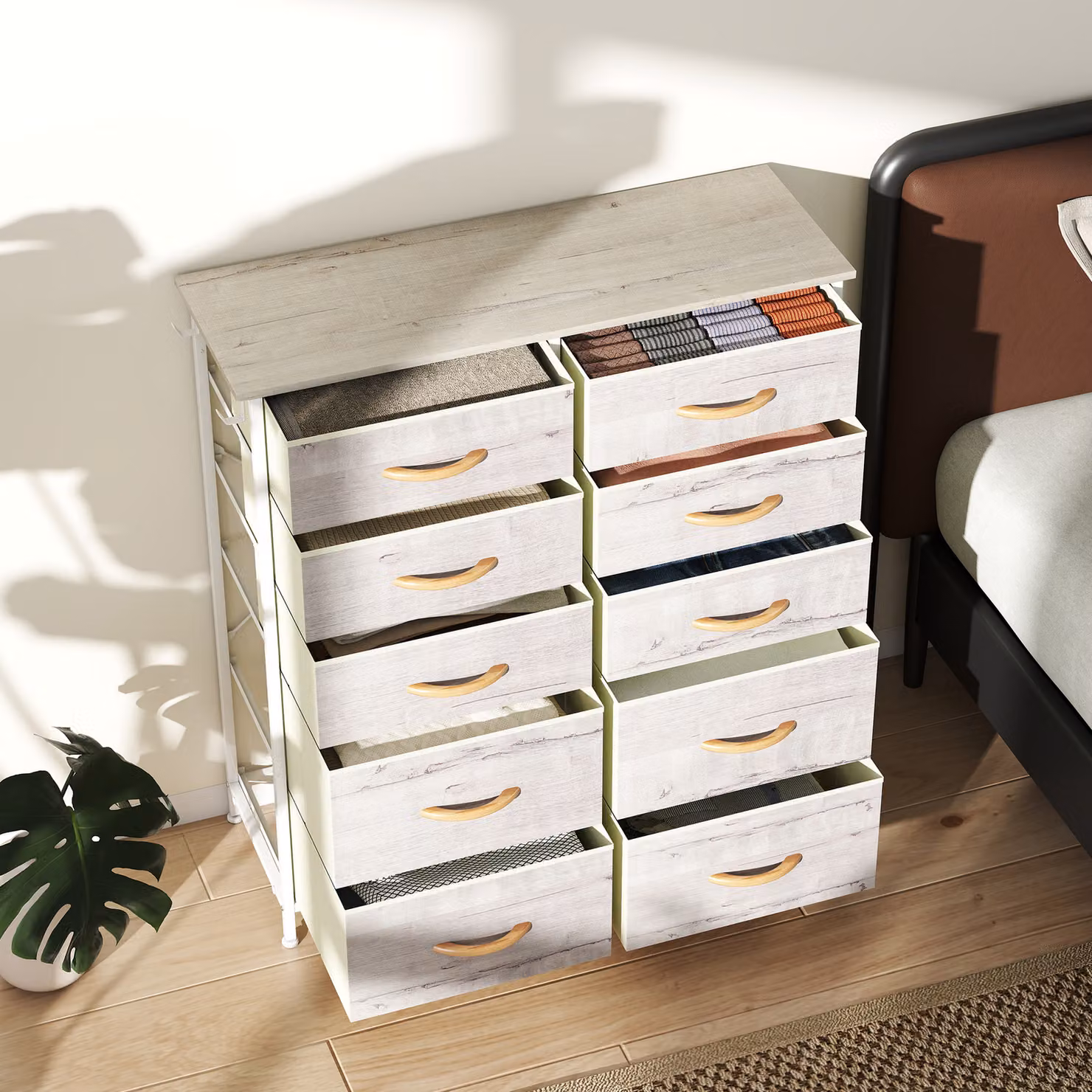 HOMCOM Chest of Ten Fabric Drawers in Brown with Metal Frame – 2
