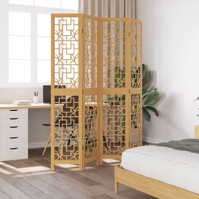 Berkfield Home 4-Panel Room Divider in Light Tan Brown Solid Paulownia Wood, W/H: 200 x 140 cm – 1