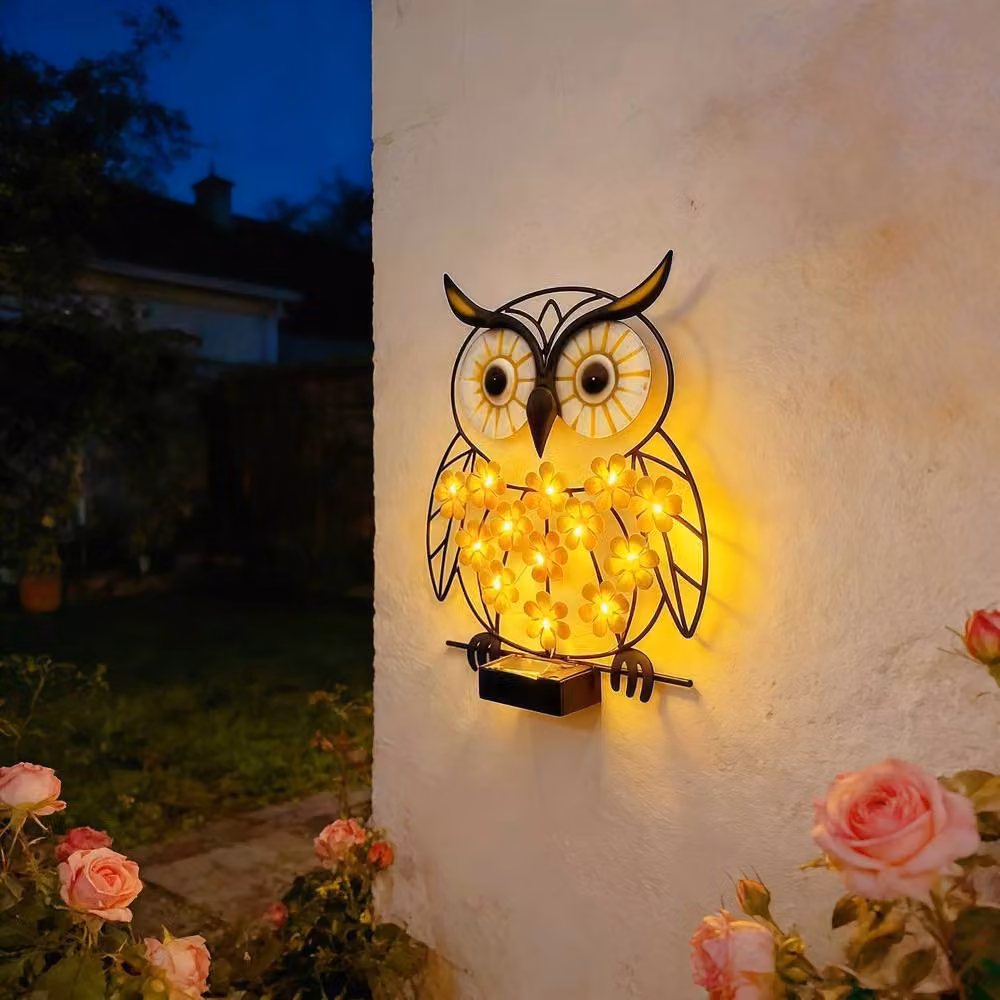 Quipulse Solar-Powered LED Wrought-Iron Owl Wall Light in Black with Dusk Sensor and Warm White Light – 5