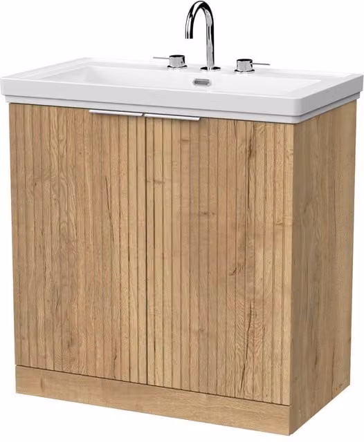 Balterley Callingwood 2 Door Bathroom Vanity and 3TH Fireclay Basin in Autumn Oak Brown, Width: 80 cm