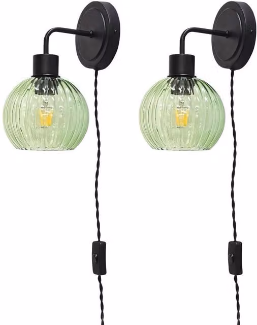 First Choice Lighting Toby Set of 2 Black Plug-in Wall Lights with Green Ribbed Glass Shades
