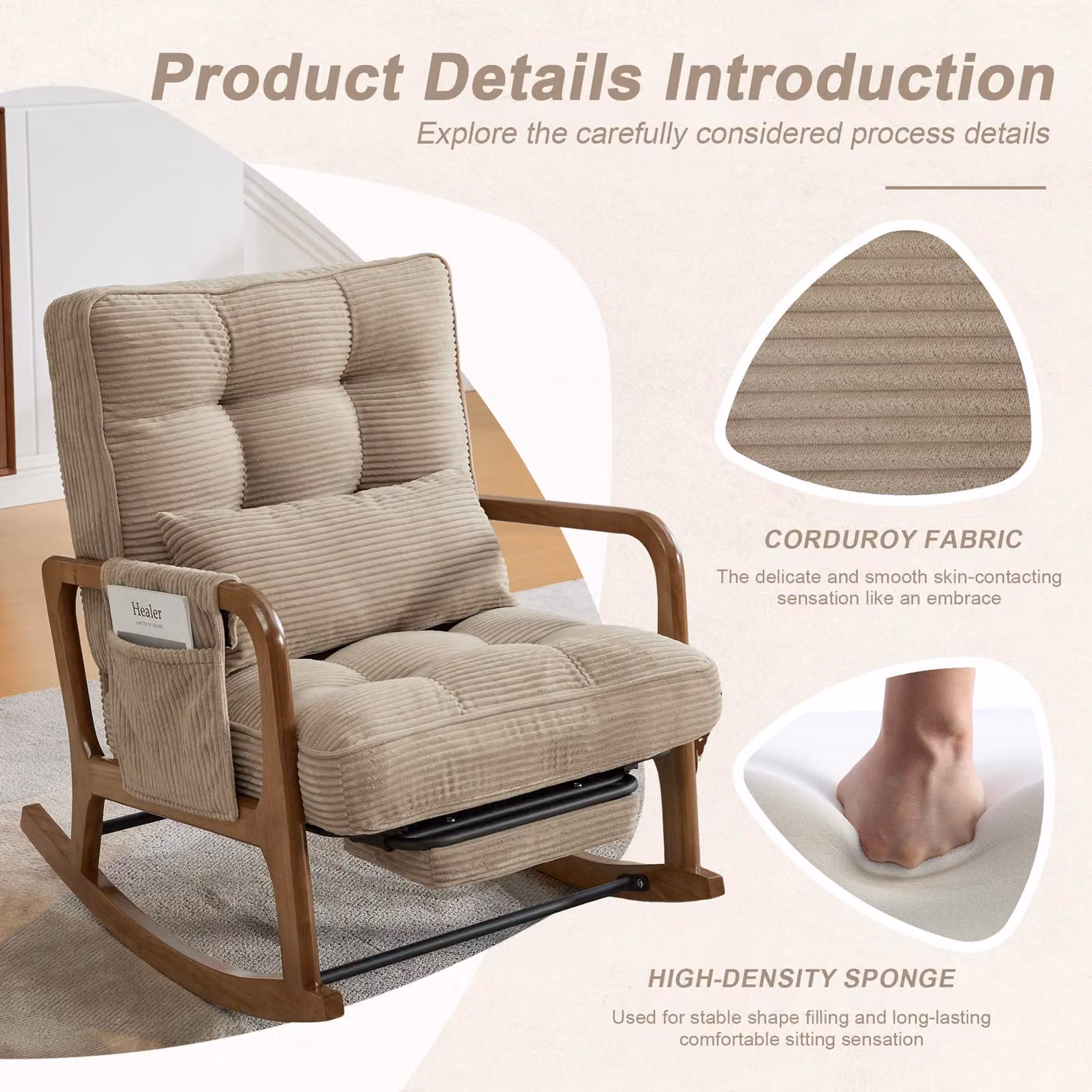 Aosom UK Corduroy Rocking Chair with Adjustable Footrest and Side Pocket in Beige, W/D/H: 80 x 92 x 70 cm – 3