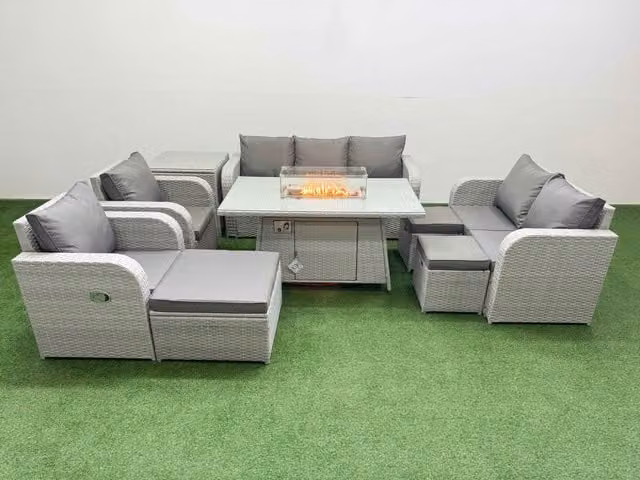 Fimous Grey PE Rattan Garden Furniture Set with Reclining Chairs, Double Love Seat, Firepit Dining Table and 3 Stools