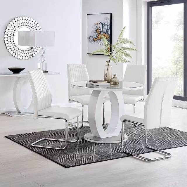 FurnitureboxUK Giovani Round Grey Dining Table and 4 Lorenzo Chairs Set with Glass Top, Diameter: 120 cm, White