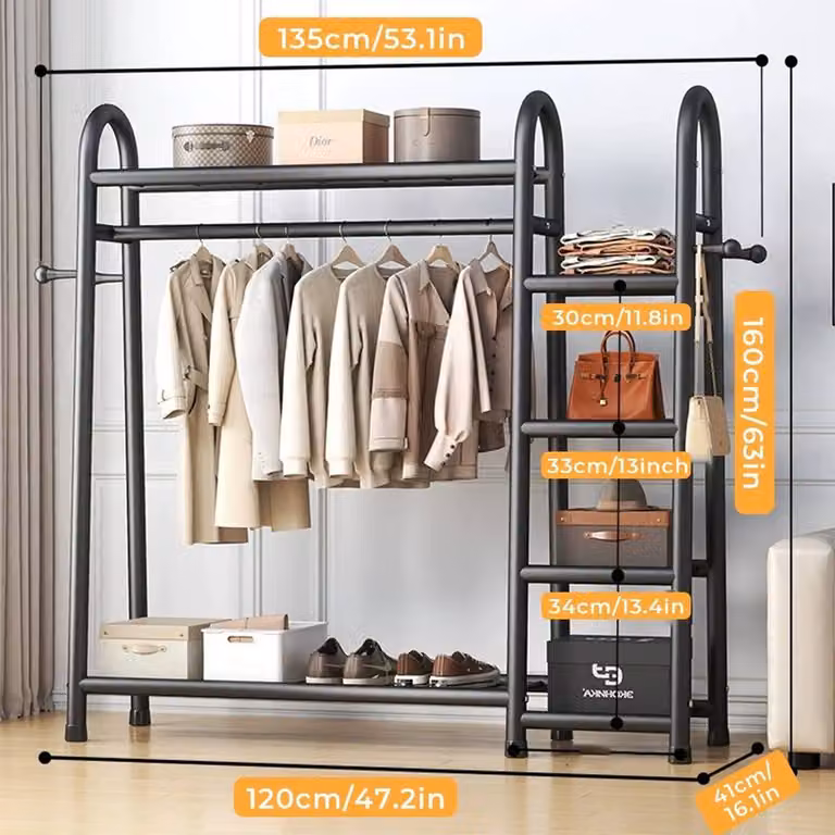NESTLUNE Heavy Duty Double Clothes Rail Garment Storage in Matt Black, H 160 x W 50 x D 50 cm