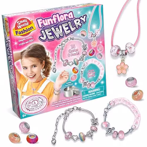 Small World Toys Funflora Jewelry Bracelet Making Kit, Multicolour DIY Friendship Bracelet Set with 24 Charms and Beads and Jewelry Box