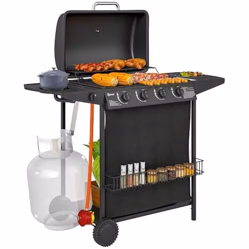 Outsunny 4+1 Burner Propane Gas BBQ Grill with Built-in Thermometer, Side Burner, Warming Rack and Wheels, Black – 1