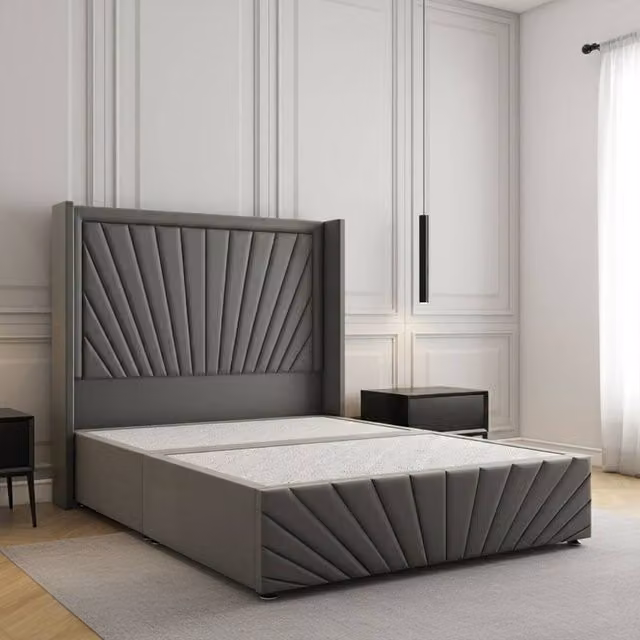 Regional Furnishings Grey Velvet Upholstered Double Divan Bed with 54 inch Headboard and Footboard, W/D/H: 140 x 200 cm