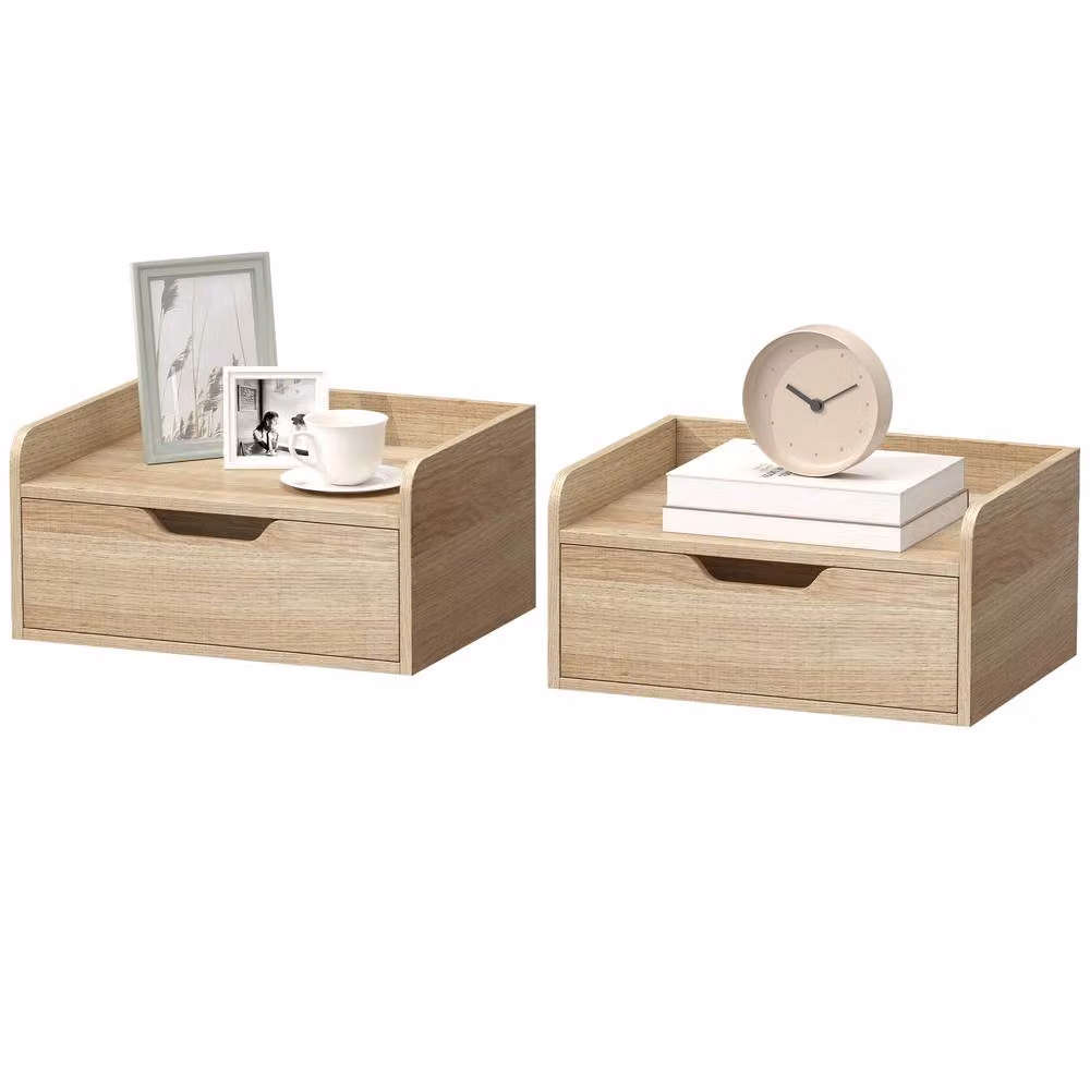 STILVORA Set of 2 Floating Bedside Tables with Drawer in Natural Brown and Beige – 2