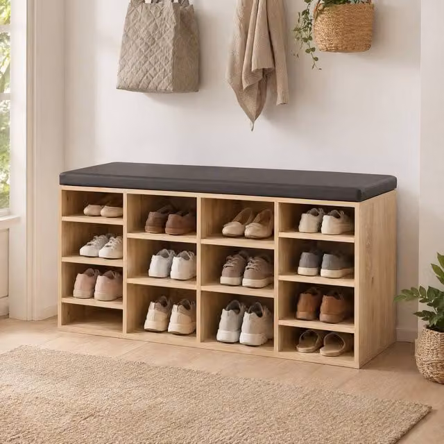 STILVORA Shoe Cabinet with 14 Compartments and Beige Seat Cushion in Natural Wood Finish – 1