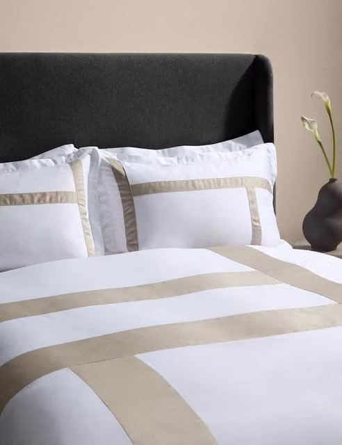 M&S x Kelly Hoppen Cotton Mako Satin Applique Bedding Set, Beige and White, W: 180 cm, H: 200 cm