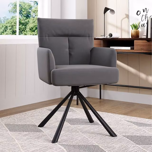 Livingandhome Grey Velvet Upholstered Swivel Armchair with Metal Legs
