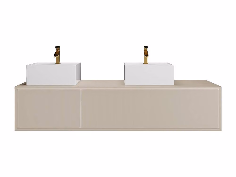 Vente-unique Suspended Beige Bathroom Vanity Unit with Double White Square Basins, W/D/H: 150 x 47 x 32 cm – 2