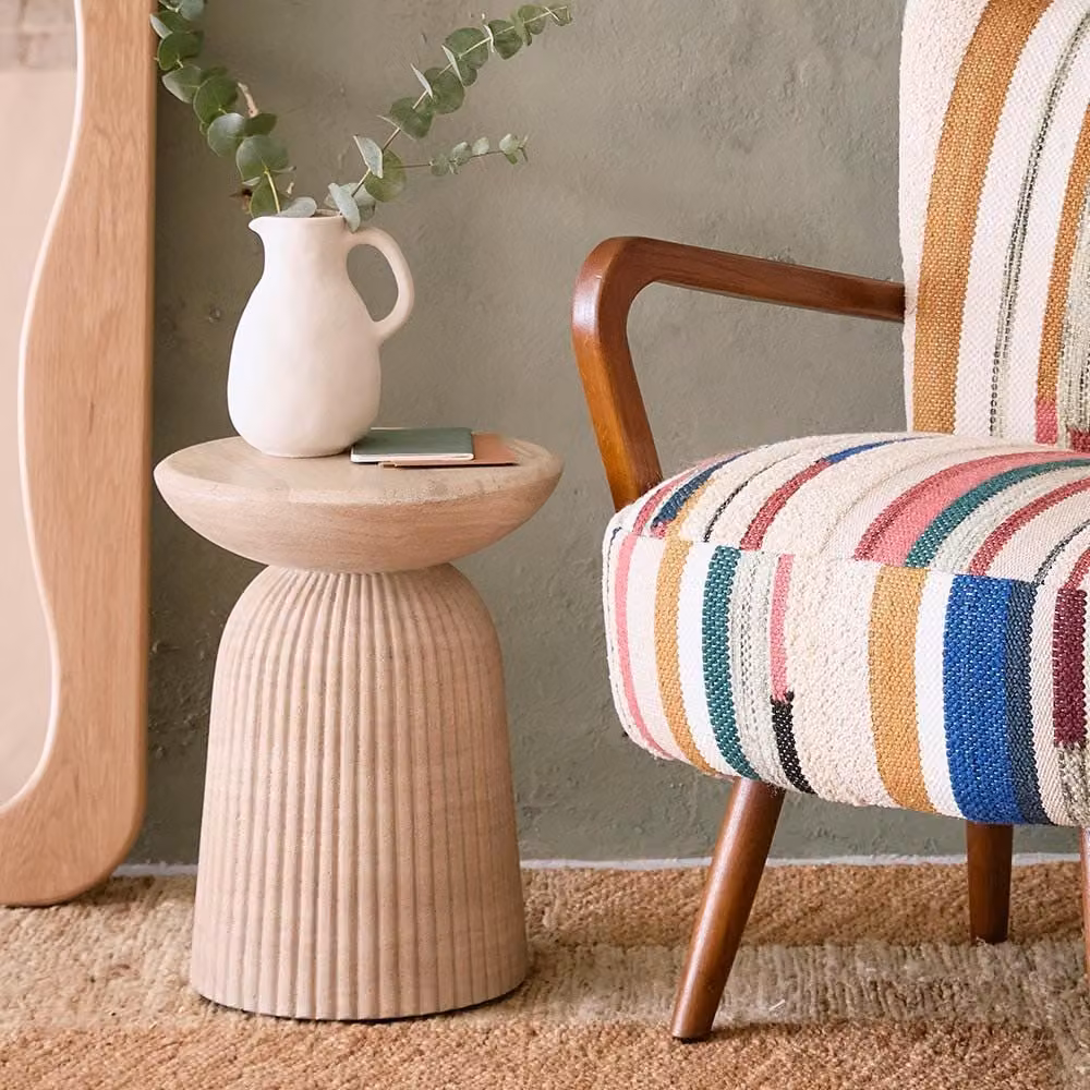 Atkin and Thyme Mason Side Table and Stool in Beige Travertine Finish