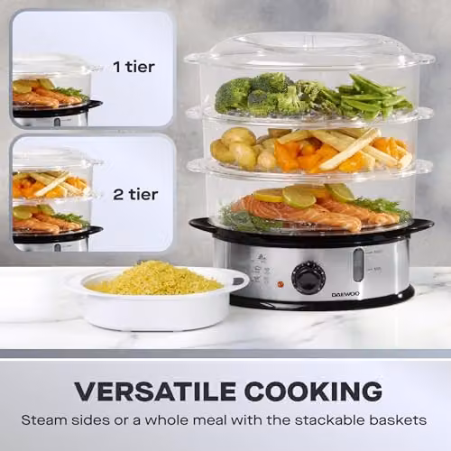 Daewoo 3 Tier Stainless Steel Food Steamer with Rice Bowl, 9L 1200W in Silver – 3