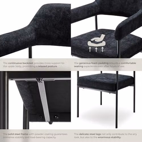 tectake Set of 6 Doe Armchairs in Black Woven Fabric with Metal Legs – 7