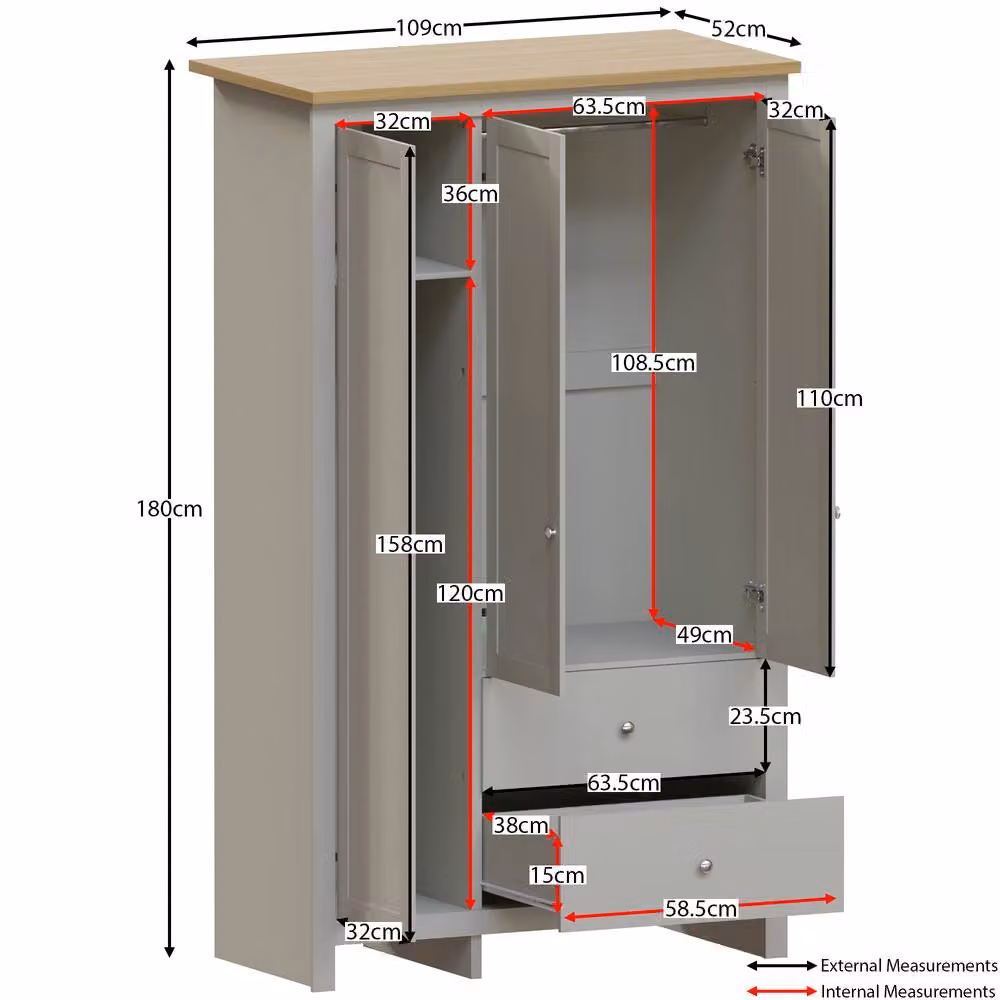 HD Designs Arlington 3 Door 2 Drawer Wardrobe in Grey, W/D/H: 180 x 109 x 52 cm – 2