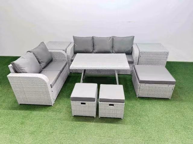 Fimous Modern Rectangular Dining Table Set with Sofa, Stool and 2 Side Tables in Light Grey
