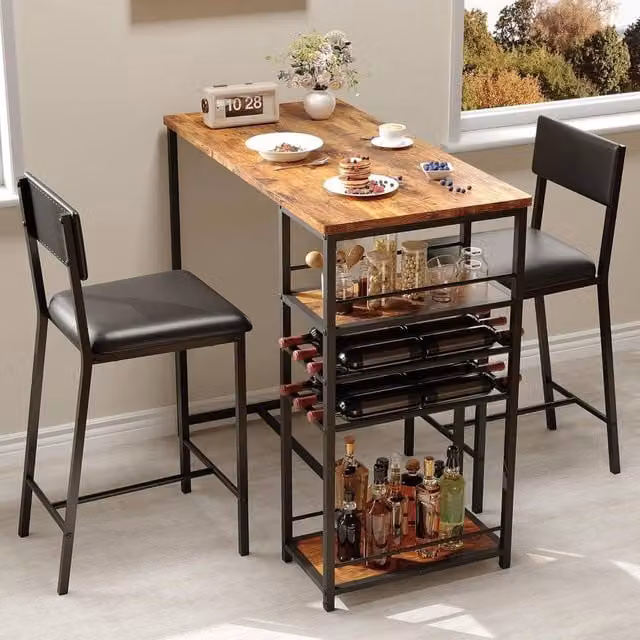 London Boutique 3-Piece Counter Height Dining Table Set with 2 Chairs and Storage Shelves in Brown