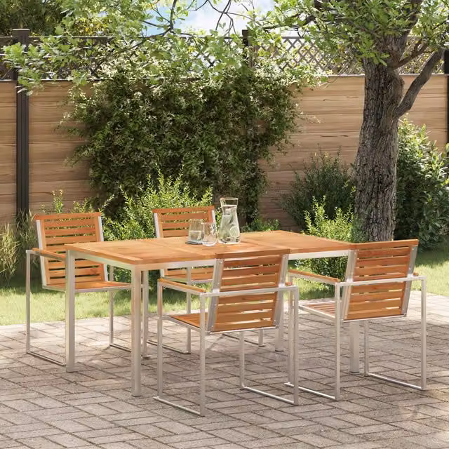 Berkfield Home Modern Outdoor Dining Table in Brown Solid Teak Wood and Stainless Steel, W/D/H: 150 x 90 x 75 cm – 1