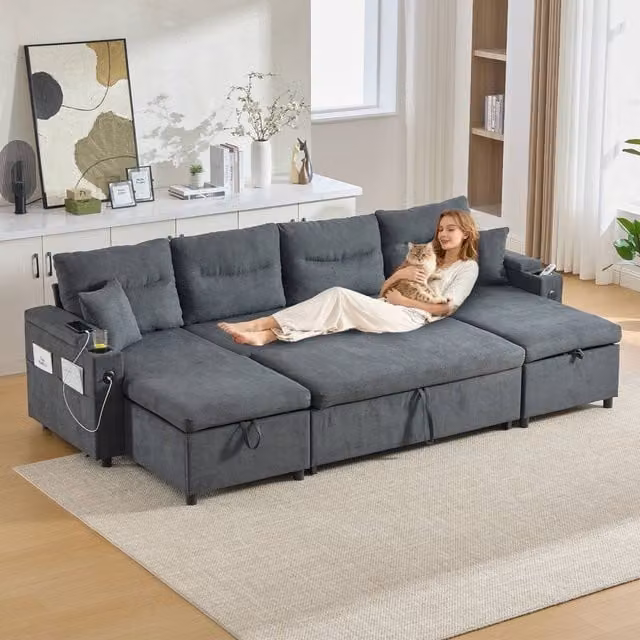 Matteo 4-Seater Corduroy U-Shape Sofa with Dual Chaise, USB Charging and Storage in Anthracite Grey – 1