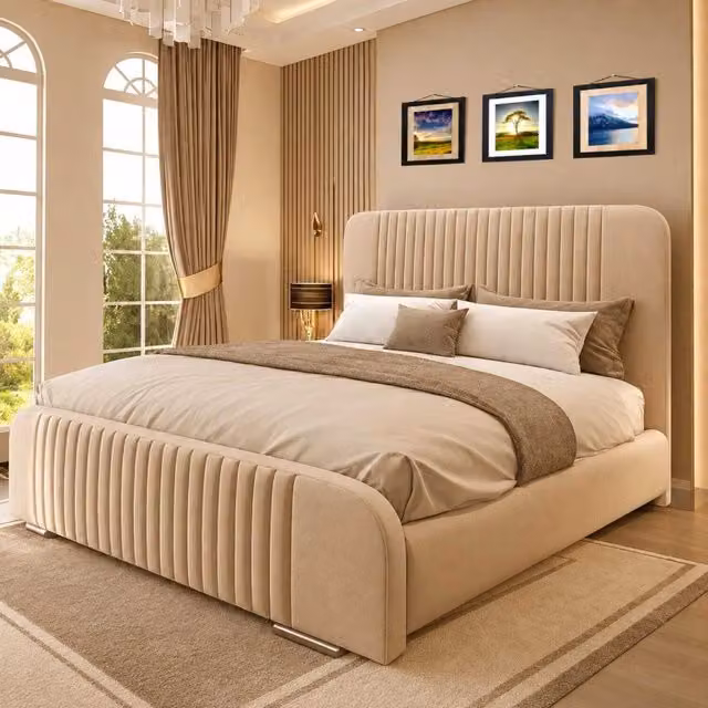 K Mehmood Enterprise Ltd Oval Divan Ottoman Bed in Beige Fabric, W/D/H: 200 x 200 cm