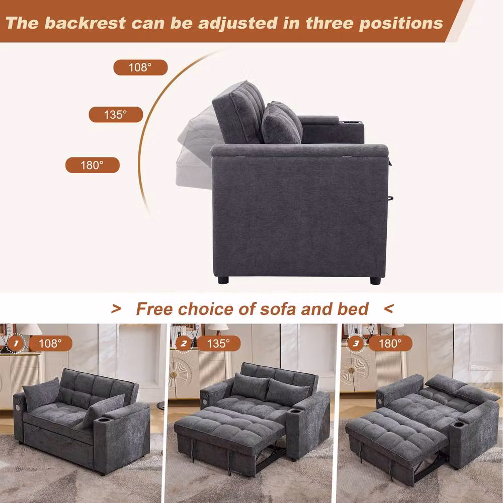Merax Grey Pull-Out Sofa Bed with Swivel Tray Table and Flip-Top Storage Arms – 4