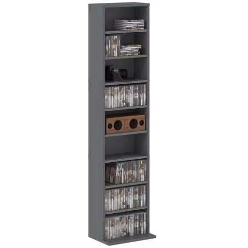 HOMCOM Grey Media Storage Unit with 9 Compartments and Adjustable Shelves, H 140 x W 33 x D 24 cm – 1