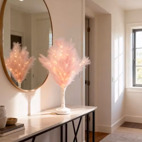 SHATCHI Pink Feather Tree Table Lamp with Warm White LEDs, Battery-Operated, Height: 70 cm – 2