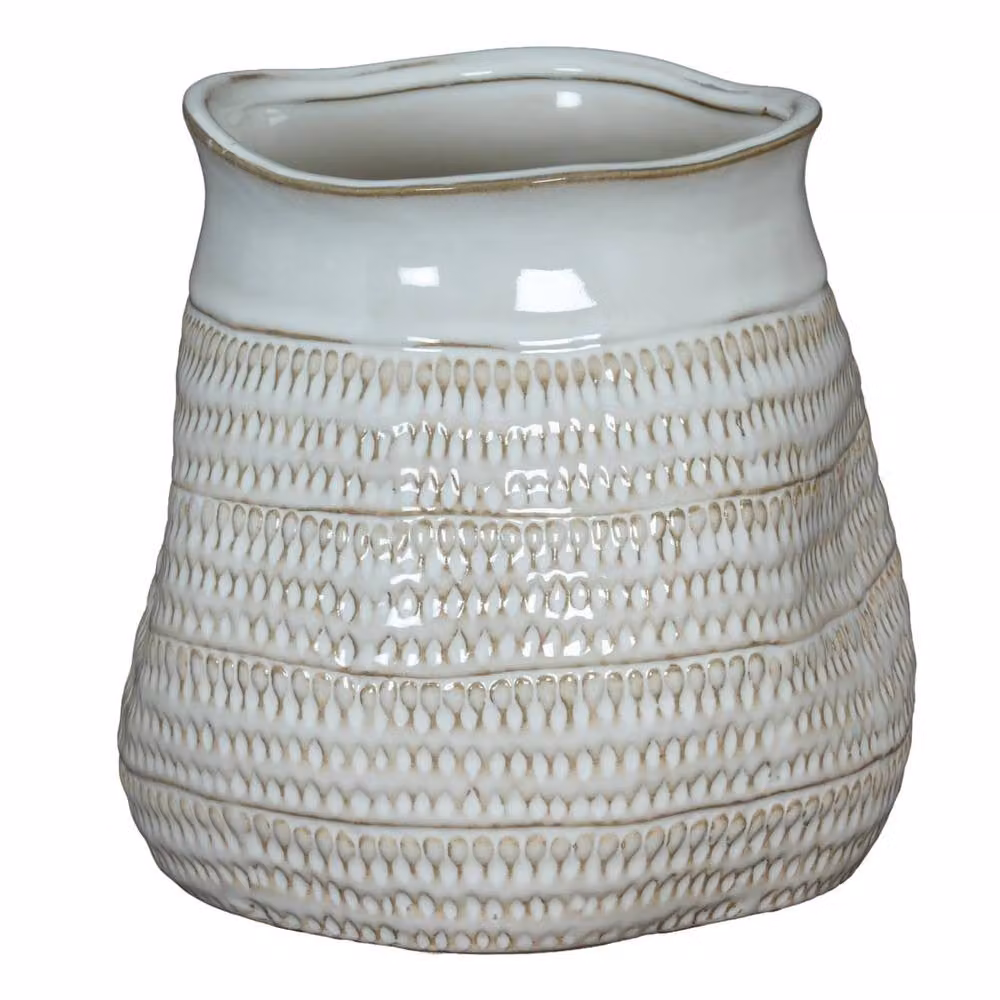 Wyld Haus Saffron Wide Hewn Ceramic Vase with Textured Scandi Pattern in White, H 26.0 cm x W 26.0 cm x D 26.0 cm – 2
