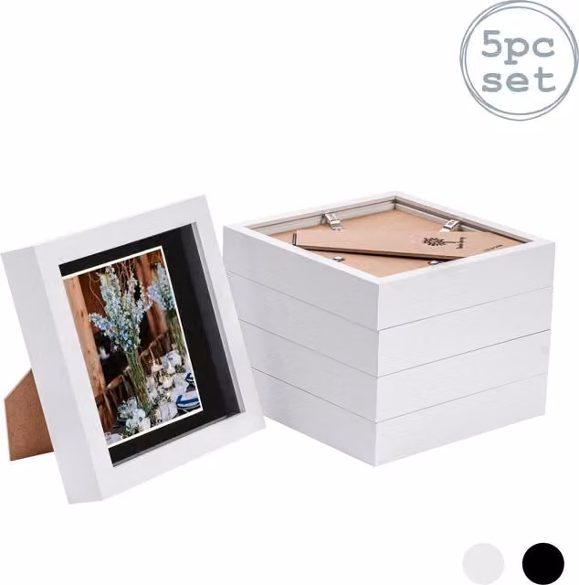 Nicola Spring Pack of 5 Black Square 3D Box Photo Frames with Glass and Plastic Mounts