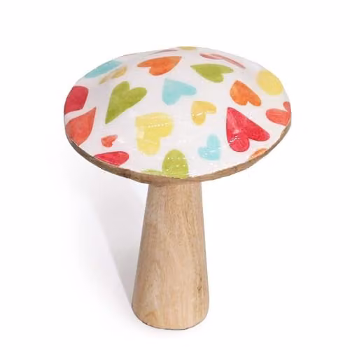 Serenityy Medium Wooden Mushroom Ornament with Pastel Hearts in Multicolour