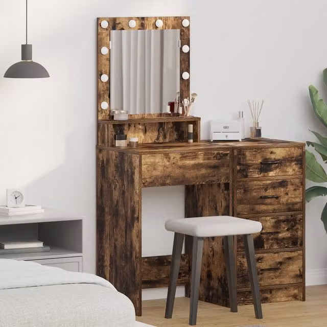 Berkfield Home Modern Makeup Table with Hollywood LED Lights in Smoked Oak Brown, W: 50 cm, D: 41 cm, H: 135 cm – 1