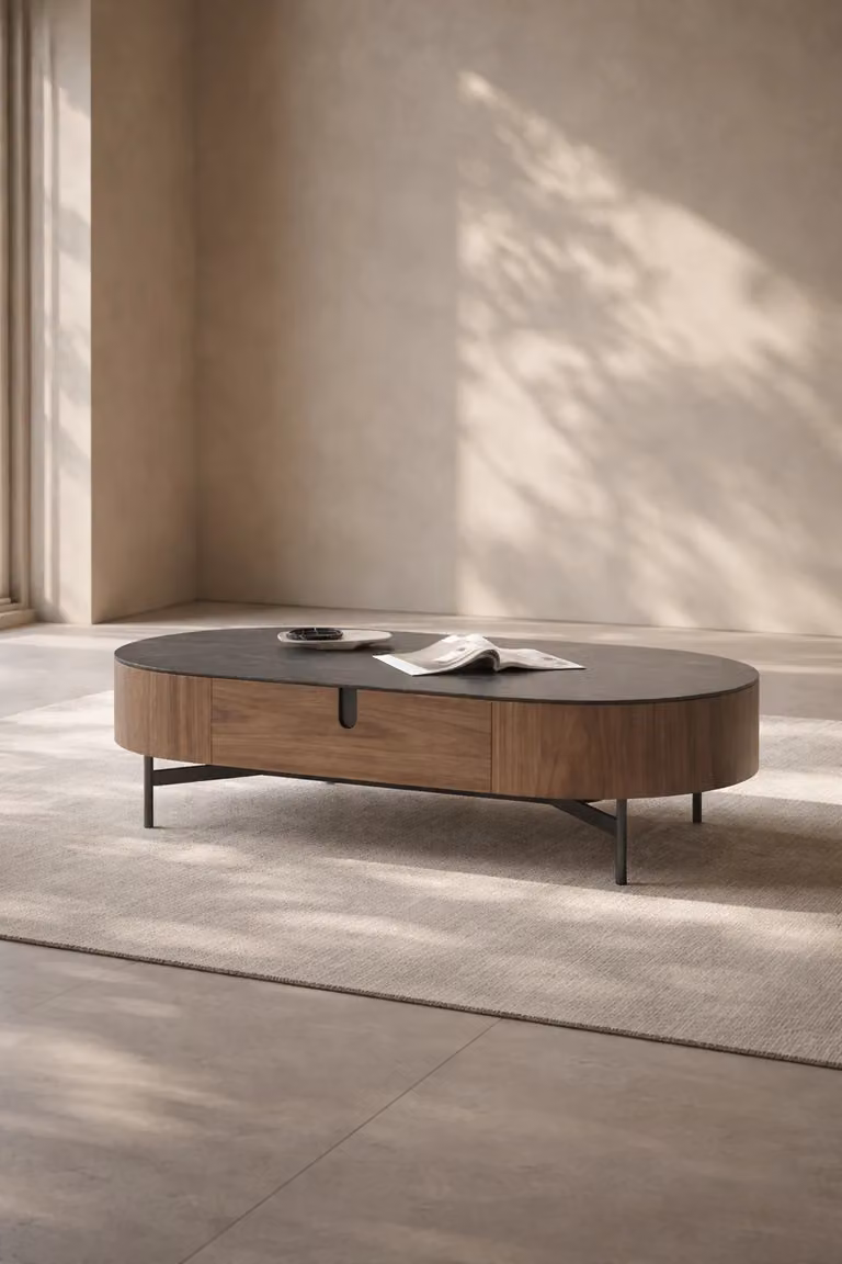 Tommy Franks Darcy Oval Coffee Table in Walnut and Black, W/D/H: 130.6 x 68.5 x 38.5 cm