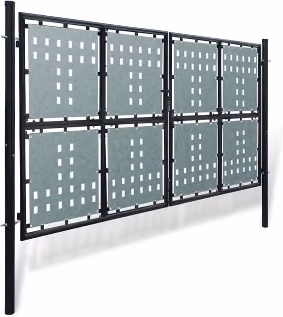 Berkfield Home Black Double Door Galvanised Steel Swing Fence Gate W: 300 cm, H: 200 cm