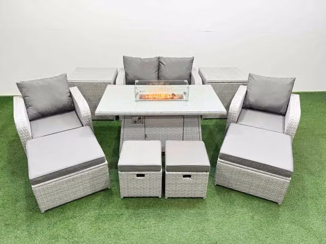 Fimous 8 Seater Outdoor Garden Furniture Set in Light Grey with 2 Seater Sofa, Ottoman and Coffee Table
