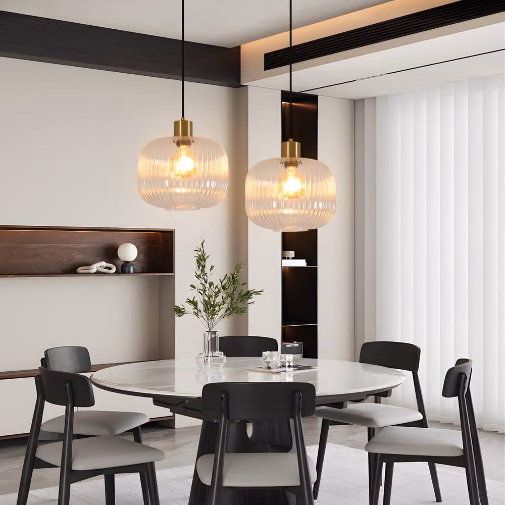 Goeco Modern Round Glass Pendant Light with Transparent Ribbed Shade and Gold Finish – 5