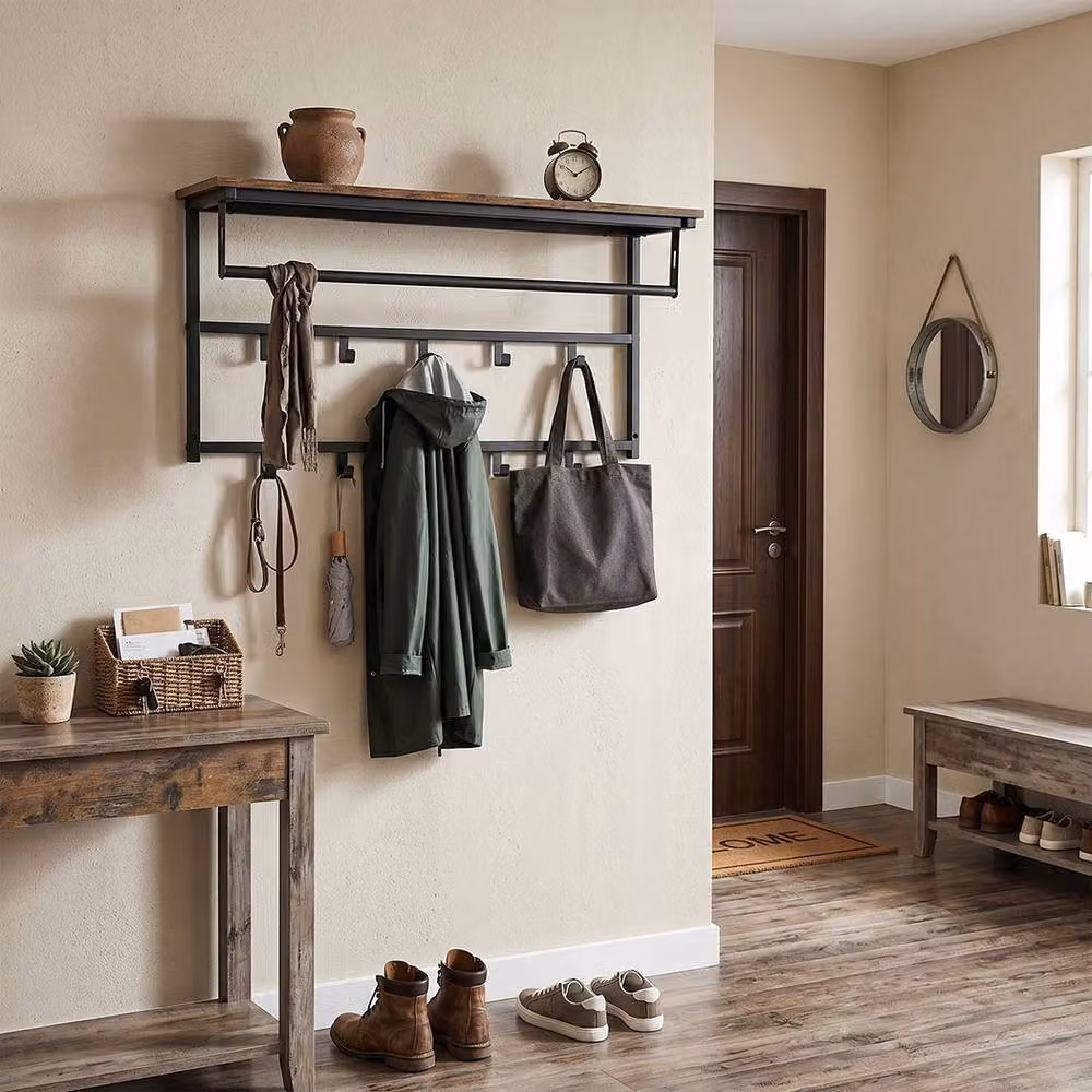 Levede Wall Mounted Wooden Shelf and Metal Coat Rack with Hooks, Brown and Black, W: 80 cm – 3