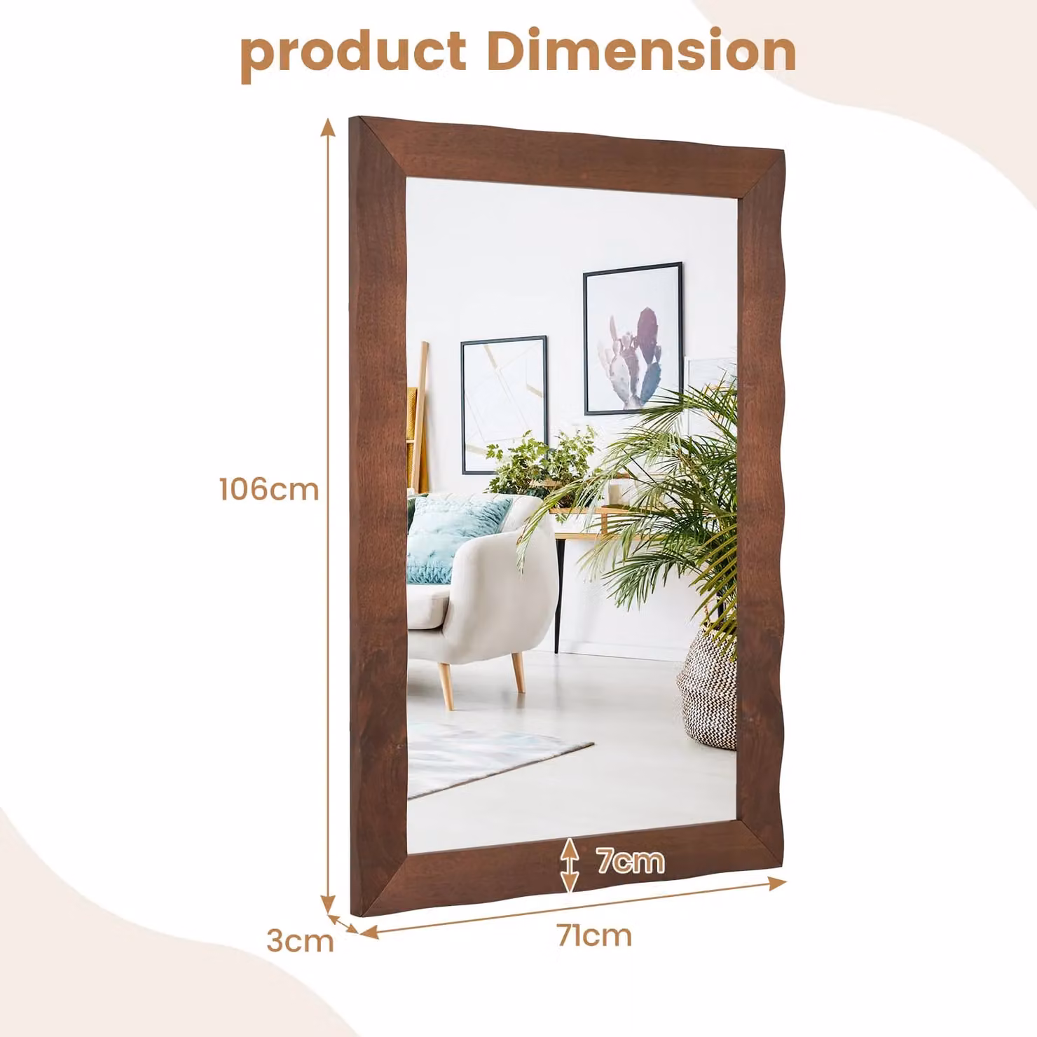 Gymax Farmhouse Rustic Rectangular Wall Mirror with Solid Wood Frame, Brown, W: 106 cm, H: 71 cm – 2