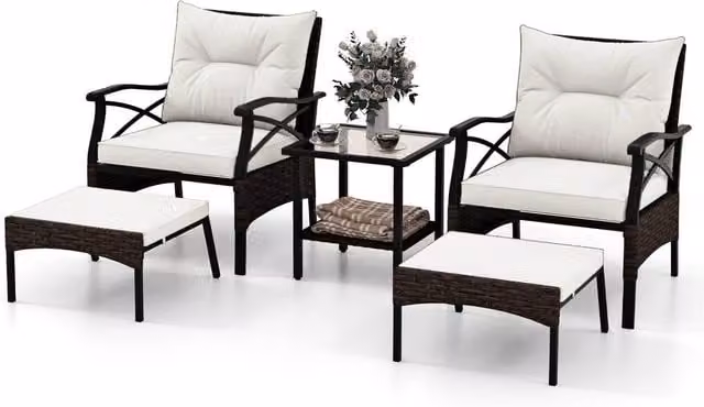 Gymax 5 Piece Dark Brown Polyrattan Patio Set with Armchairs, Coffee Table, Ottomans and Cushions