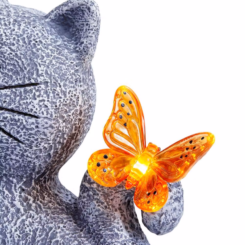 Emitto Cat Garden Ornament Solar LED Outdoor Resin Decor in Grey and Orange – 4