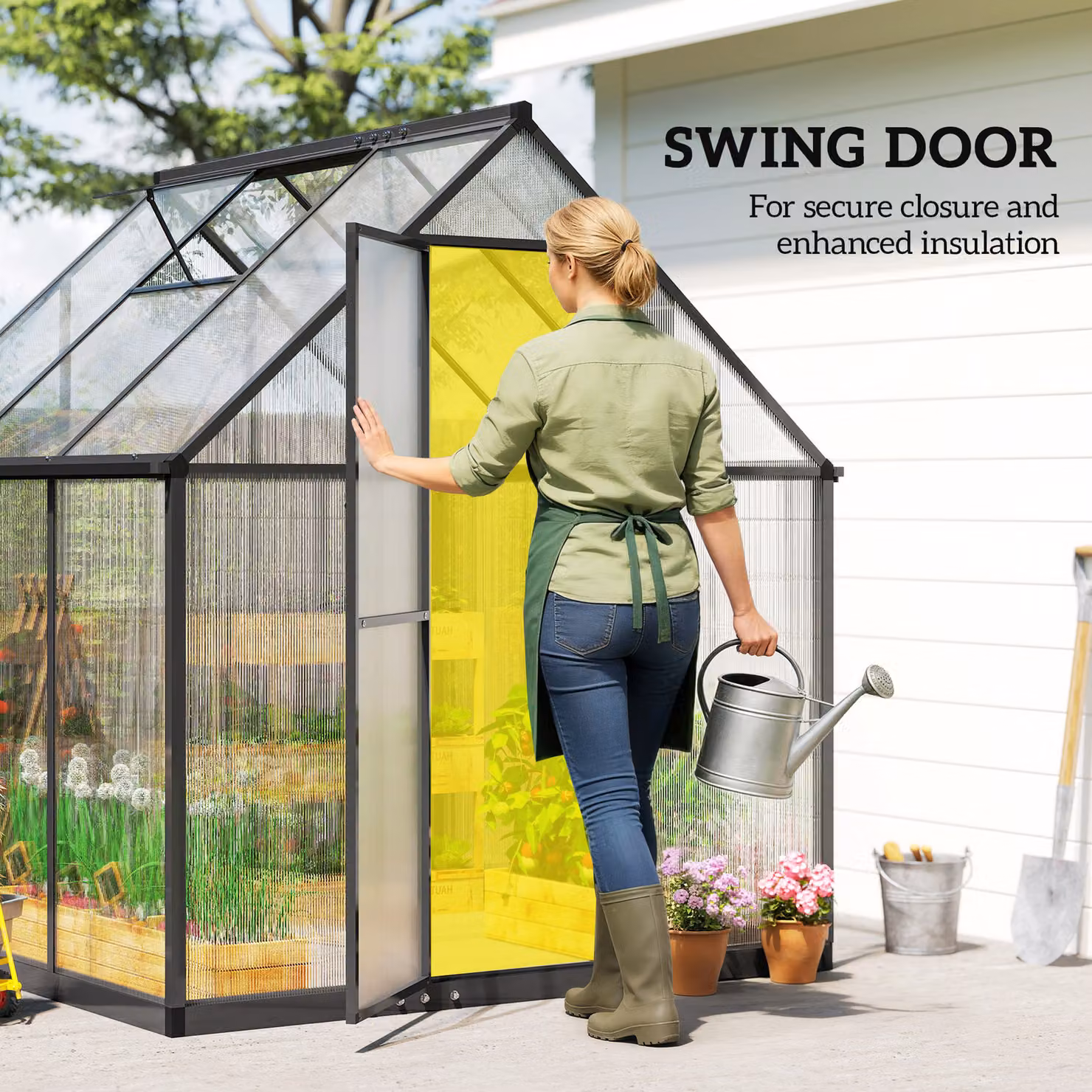 Outsunny Black Polycarbonate Walk-in Greenhouse with Swing Door, Adjustable Window and Rain Gutter, W/D/H: 182.88 x 178.0 x 195.0 cm – 5