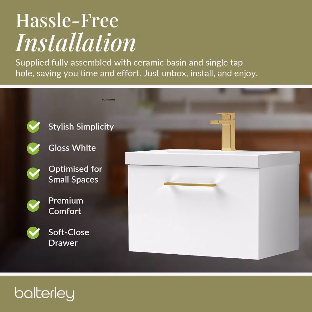 Balterley Gloss White Wall Hung 1 Drawer Vanity Basin Unit with Brass Handle, Width: 60 cm – 5