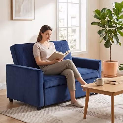 HOMCOM 2 Seater Velvet Sofa Bed in Dark Blue, 3-in-1 Click-Clack Sleeper Loveseat with Solid Wood Frame – 9