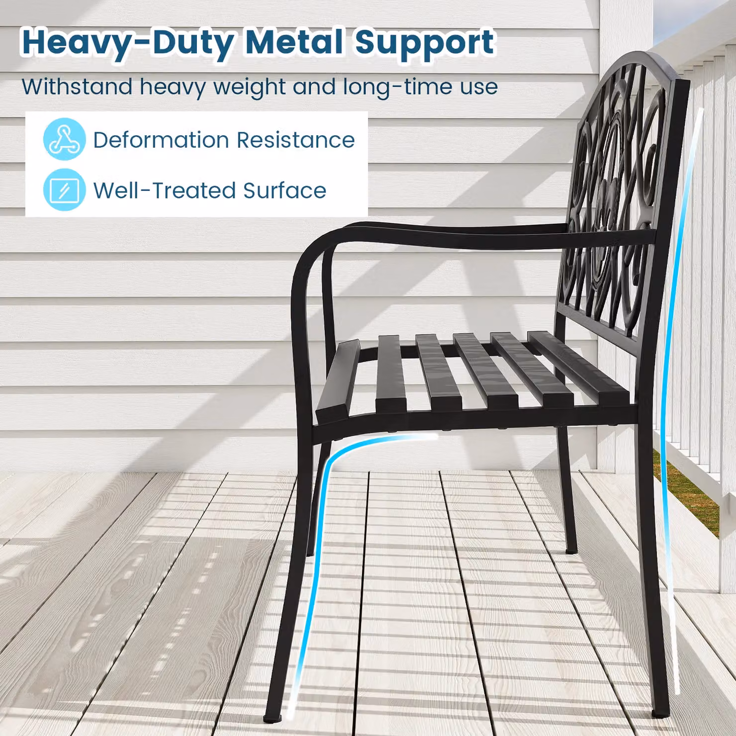 Costway Outdoor Garden Bench with Metal Slatted Seat and Cast Iron Backrest in Matt Black – 5